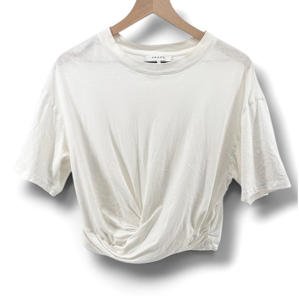 FRAME Twist Front Wrap Around Tee Womens Large White Short‎ Sleeve Cotton Casual